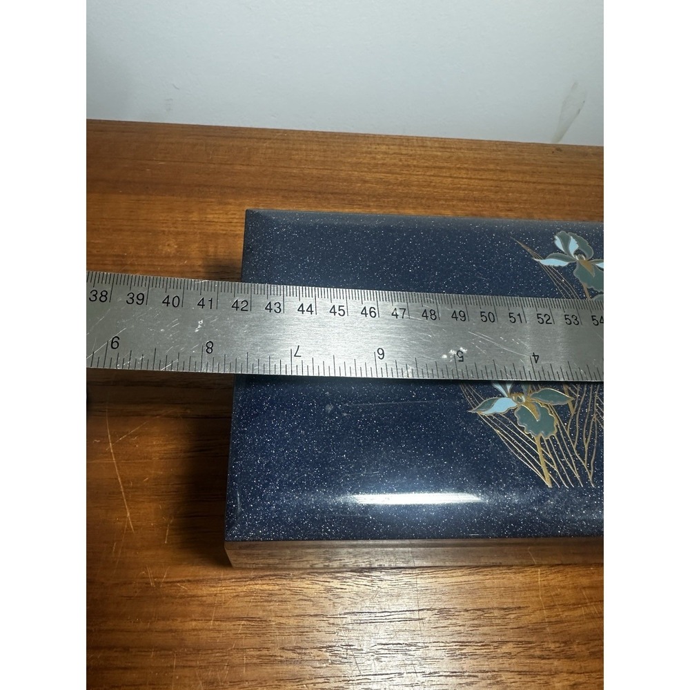 Vintage Otagiri Japan Blue Iris Lacquer Jewelry Box Mirror Fascination 12" Video - Picture 4 of 5